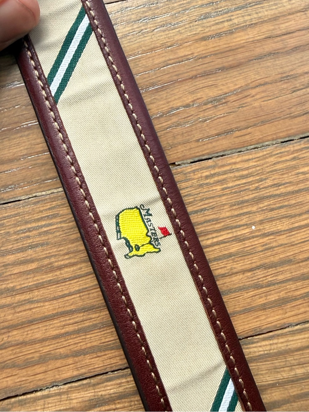 Masters Beige Canvas and Burgundy Leather Belt with Green Stripe
